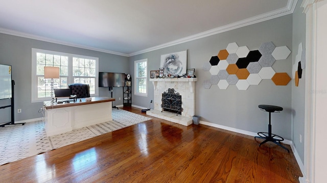 office with hardwood / wood-style floors and crown molding