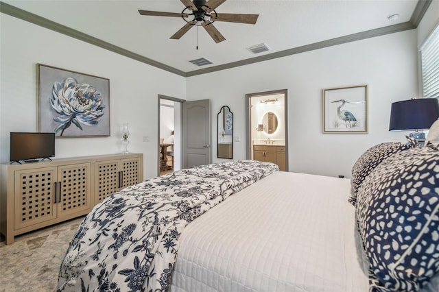 bedroom with ornamental molding, ensuite bathroom, sink, and ceiling fan