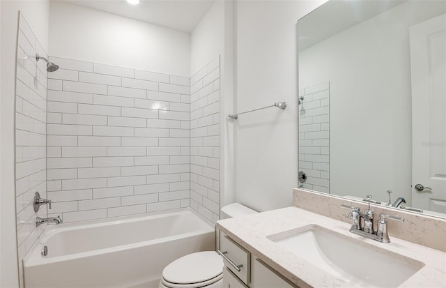 full bath with tub / shower combination, toilet, and vanity