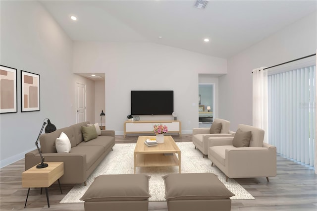 living room with light wood-type flooring, visible vents, vaulted ceiling, and baseboards