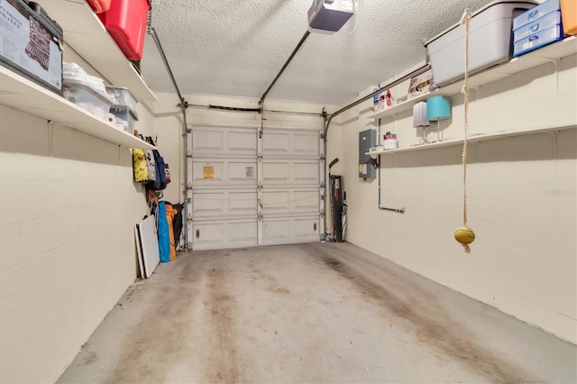 garage with a garage door opener, gas water heater, and electric panel