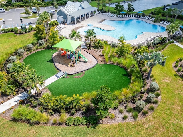 bird's eye view with a water view