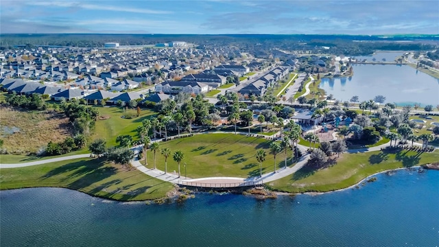 drone / aerial view with a water view