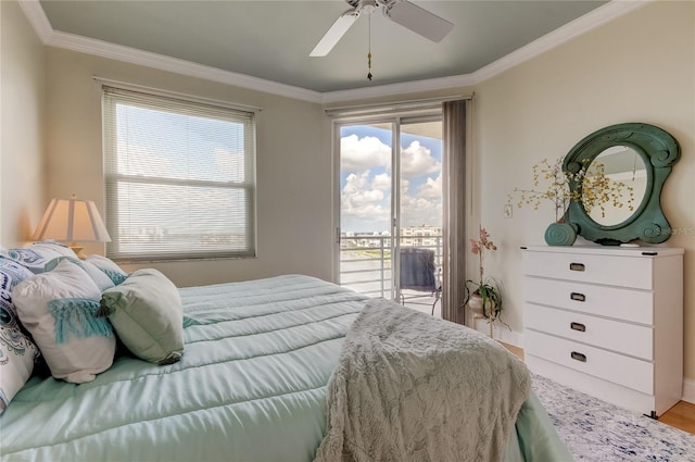 bedroom featuring light hardwood / wood-style flooring, ornamental molding, ceiling fan, and access to exterior