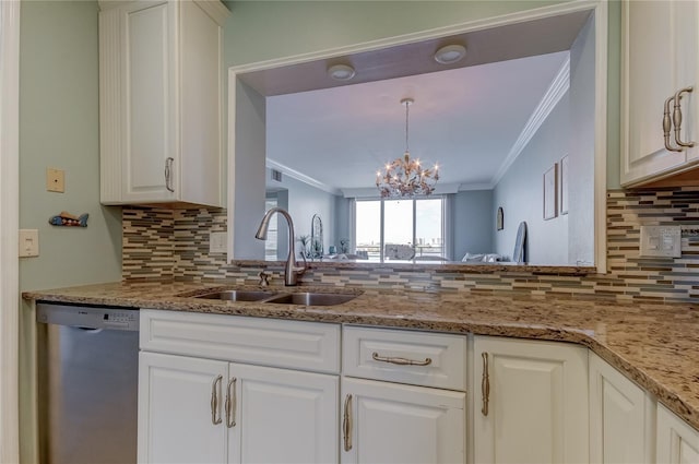 kitchen with white cabinetry, crown molding, stainless steel dishwasher, sink, and a chandelier