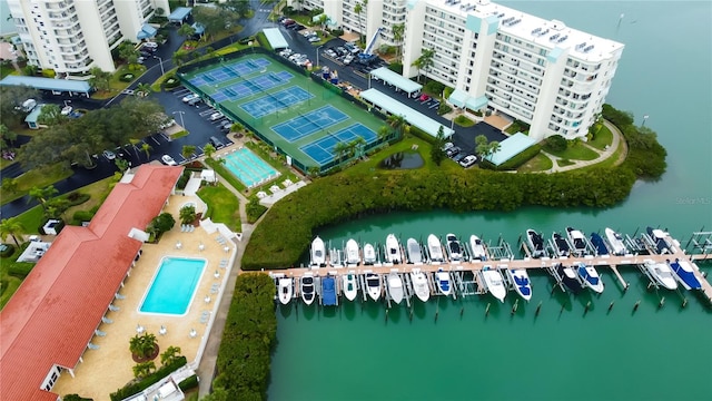 drone / aerial view featuring a water view