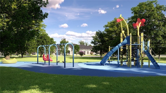 view of jungle gym featuring a lawn