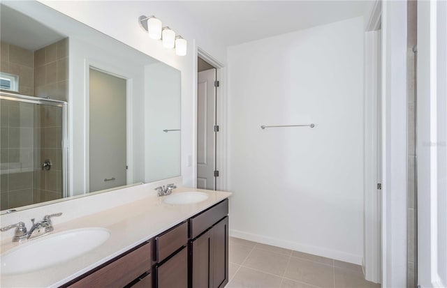 bathroom featuring tile patterned flooring, vanity, and walk in shower