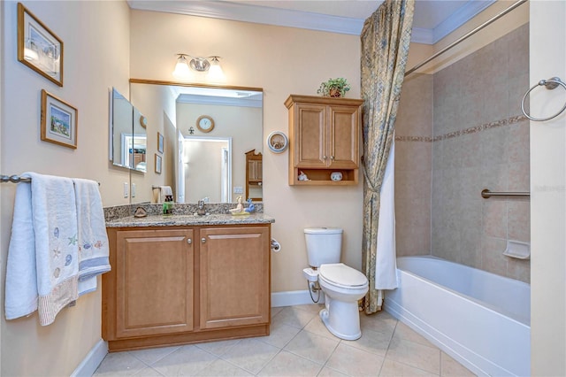 full bathroom with vanity, toilet, crown molding, shower / bathtub combination with curtain, and tile patterned floors