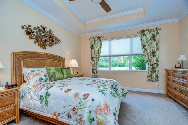 carpeted bedroom with a raised ceiling, ornamental molding, and ceiling fan