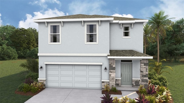 view of front facade featuring a front yard and a garage