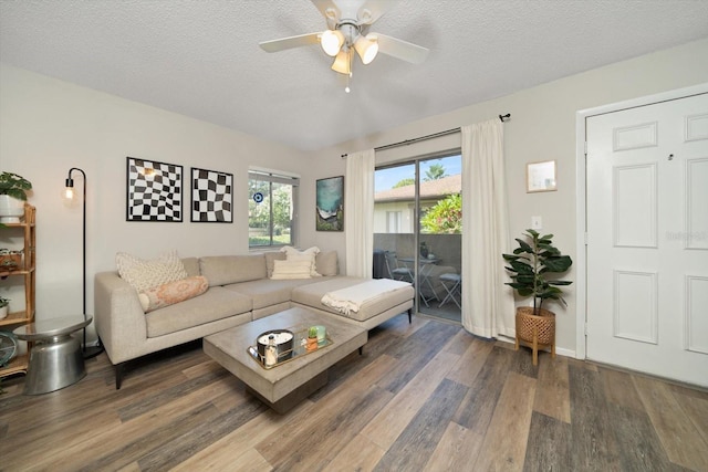 living room with ceiling fan, a textured ceiling, and dark wood-type flooring