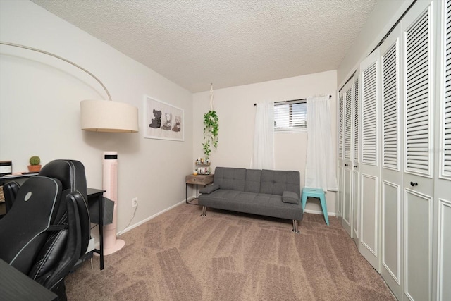 carpeted home office with a textured ceiling