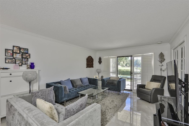 living area with a textured ceiling, ornamental molding, and light tile patterned floors