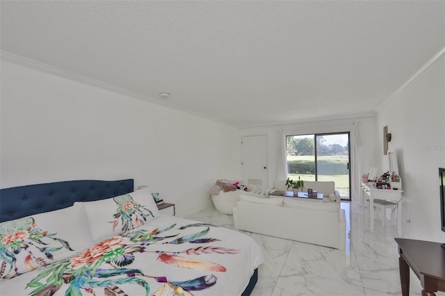 bedroom with marble finish floor, a textured ceiling, and crown molding