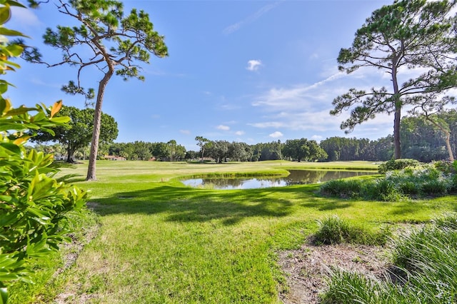 view of community featuring a lawn and a water view