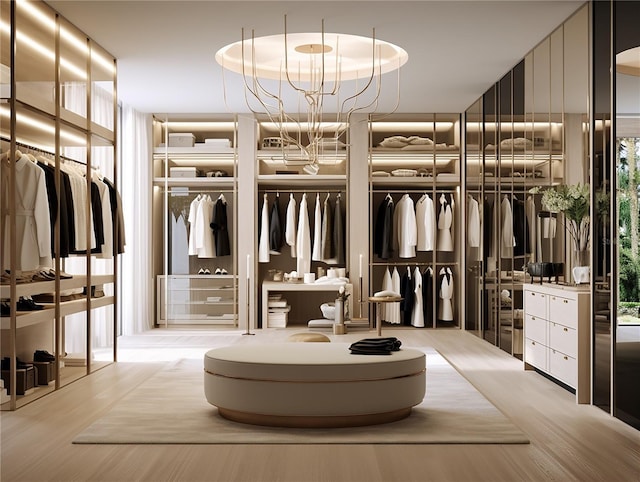 spacious closet featuring an inviting chandelier and wood finished floors