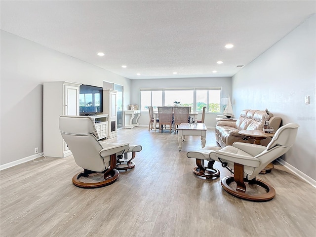 living room featuring a textured ceiling and light hardwood / wood-style flooring