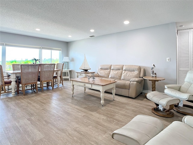 living room with a textured ceiling and light hardwood / wood-style floors