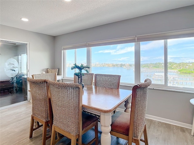 dining space with a water view, light hardwood / wood-style flooring, and a wealth of natural light