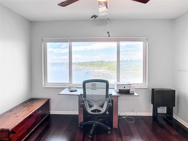 office featuring ceiling fan, plenty of natural light, and dark hardwood / wood-style flooring