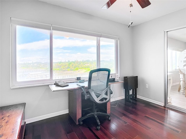 office area featuring dark wood-type flooring and ceiling fan