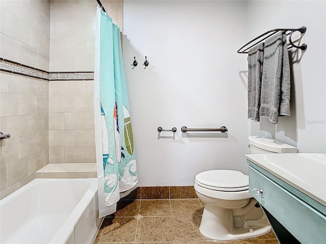 full bathroom with vanity, shower / bath combo with shower curtain, and toilet