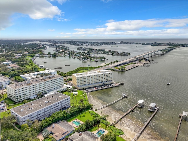 drone / aerial view with a water view