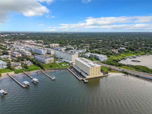 birds eye view of property featuring a water view