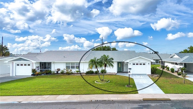 single story home featuring a garage and a front yard