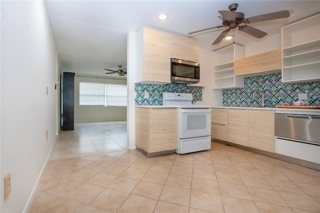 kitchen featuring backsplash, light brown cabinets, light tile patterned floors, white range with electric stovetop, and ceiling fan