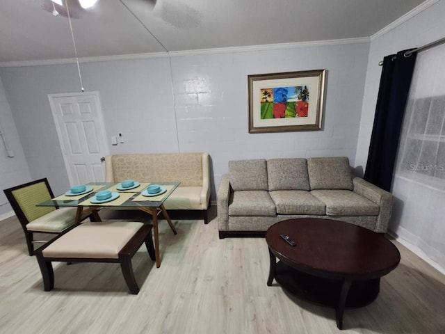 living room with ornamental molding and light wood-type flooring