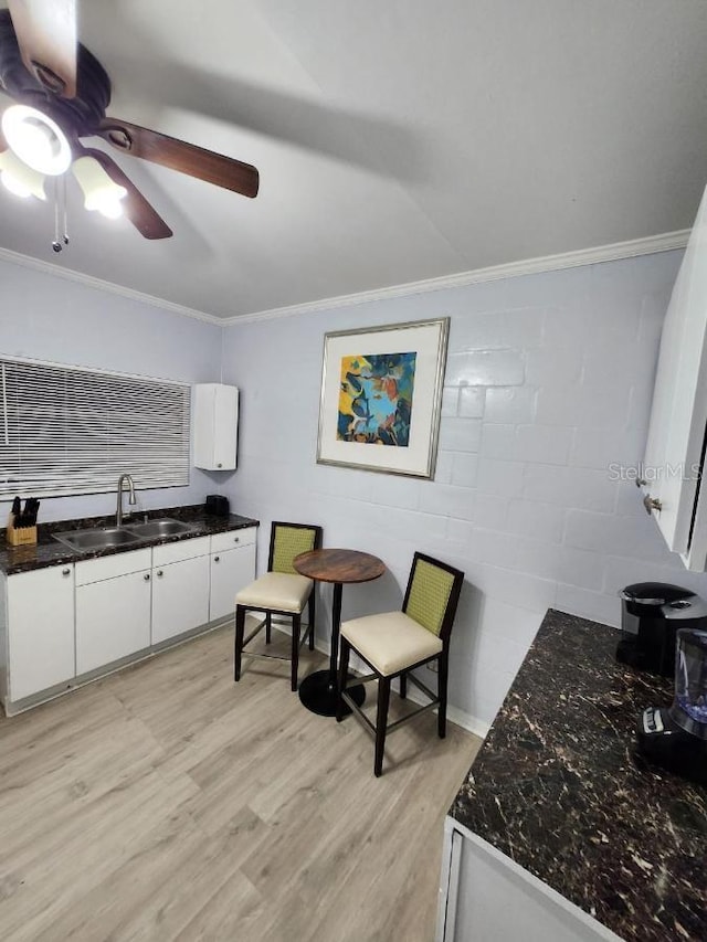 interior space featuring ceiling fan, white cabinets, sink, crown molding, and light hardwood / wood-style floors