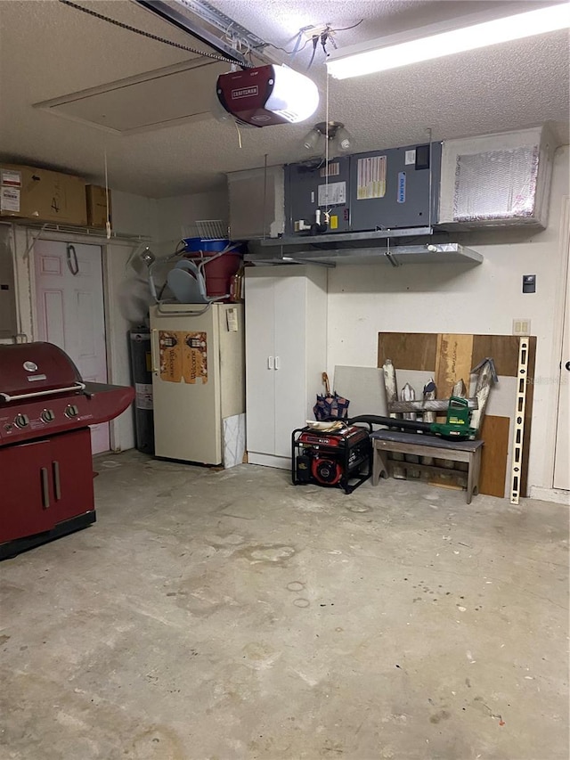 garage featuring electric water heater, a garage door opener, and white fridge