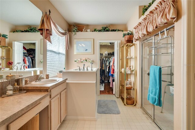 bathroom with walk in shower and vanity