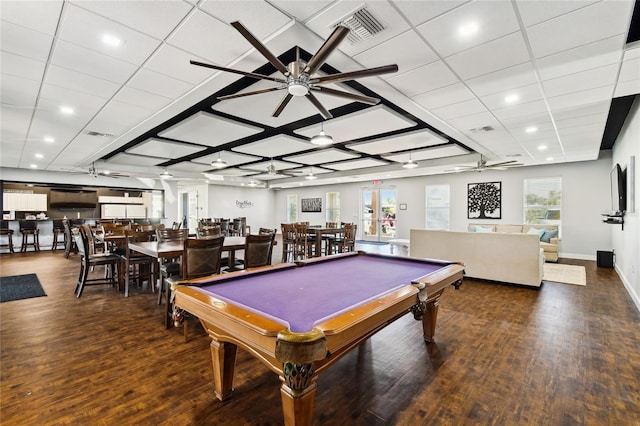 rec room featuring dark wood-type flooring, ceiling fan, and billiards