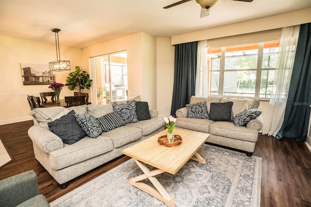 living room with ceiling fan with notable chandelier, a healthy amount of sunlight, and dark hardwood / wood-style flooring