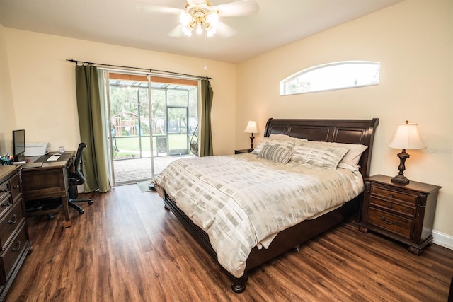 bedroom featuring ceiling fan, dark wood-type flooring, multiple windows, and access to outside