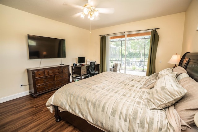 bedroom with access to outside, dark hardwood / wood-style flooring, and ceiling fan