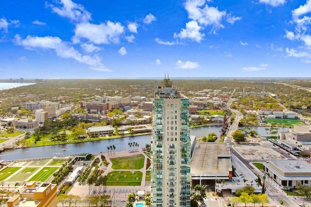 aerial view featuring a water view