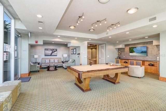 rec room with carpet floors, billiards, and a tray ceiling