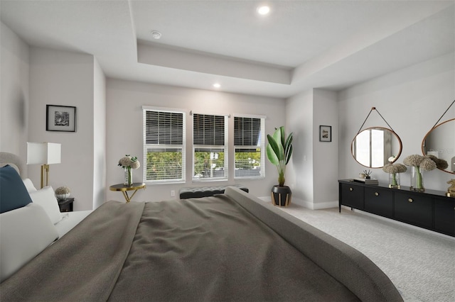 carpeted bedroom featuring a tray ceiling