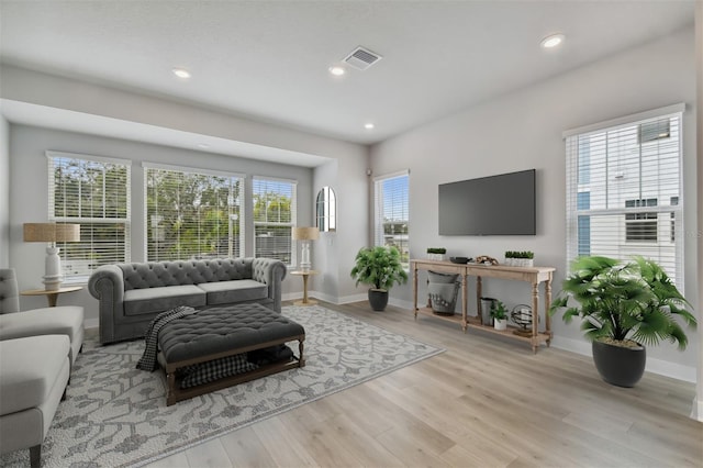 living room with a wealth of natural light and light wood-type flooring