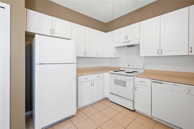 kitchen with white cabinets, white appliances, tasteful backsplash, and light tile patterned flooring