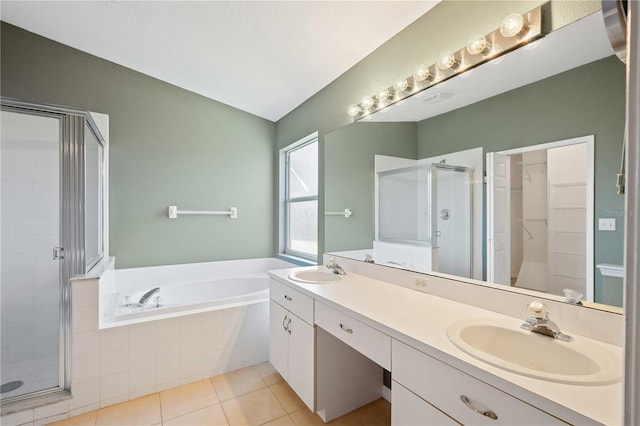 bathroom with vanity, separate shower and tub, and tile patterned floors