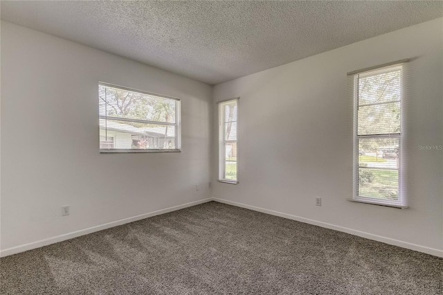 spare room with a healthy amount of sunlight, a textured ceiling, and carpet floors