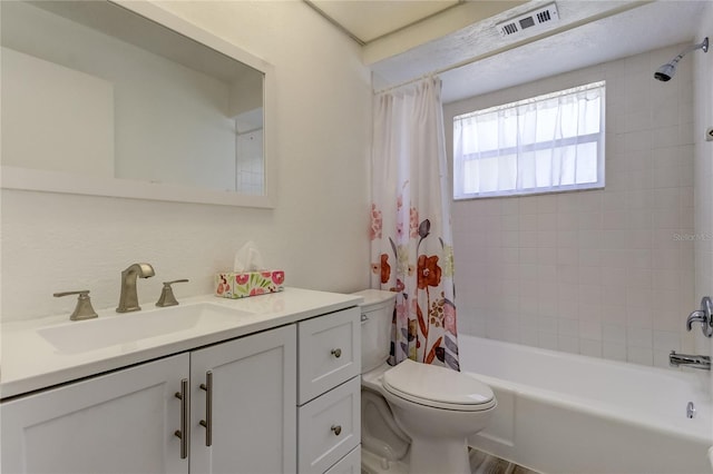 full bathroom featuring vanity, hardwood / wood-style flooring, toilet, and shower / bathtub combination with curtain