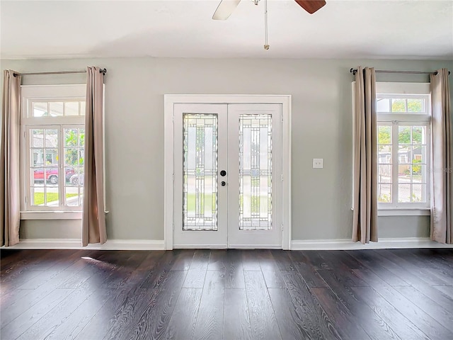 entryway featuring french doors, plenty of natural light, dark hardwood / wood-style floors, and ceiling fan