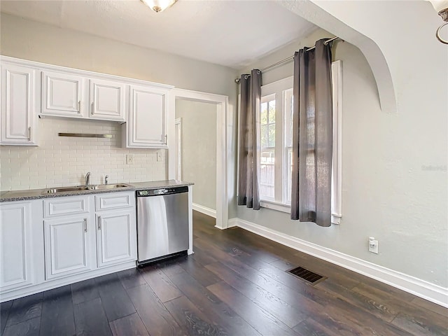 kitchen with white cabinetry, dark wood-type flooring, backsplash, stainless steel dishwasher, and sink