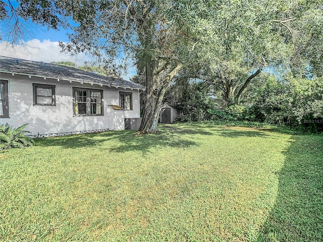 view of yard featuring a shed